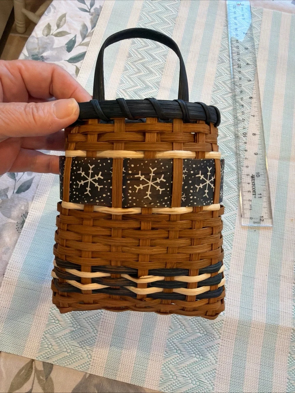 Woven Brown & Black Wall Pocket Basket Bag with Snowflake Accent